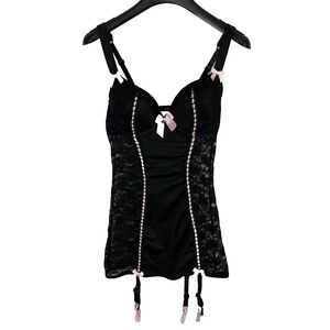 Lovehoney Black Lace & Pink Bow Corset Bustier | Garter Straps | Medium